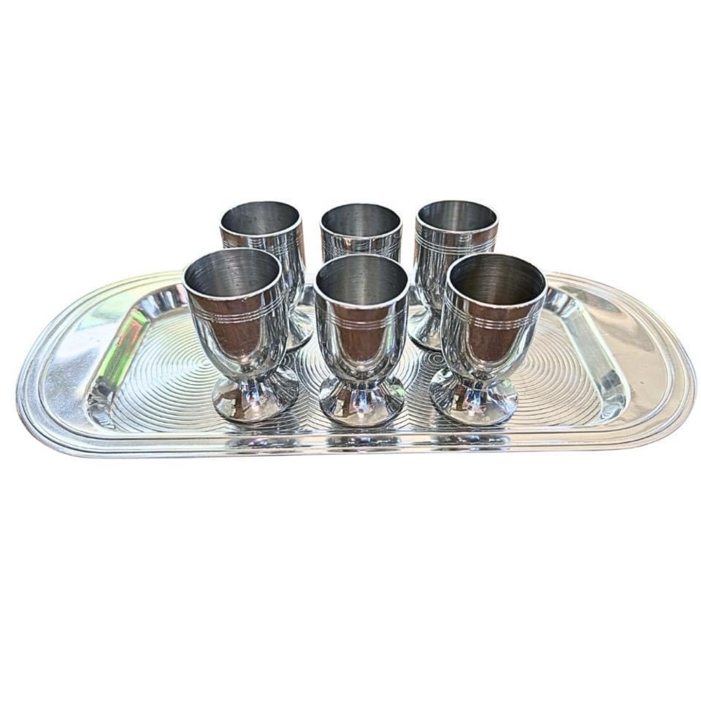 {Vintage} 1930s Chase Art Deco Chrome-Plated Shot Glasses with Tray